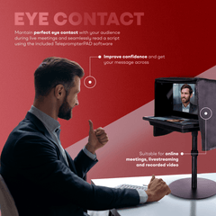 TELEPROMPTER PAD EyeMeeting Desktop - Teleprompter para videoconferencia y contacto visual perfecto, para videollamadas y reuniones en línea con Zoom Skype Hangout con monitor de 10,1", control remoto y monopié de altura ajustable 
