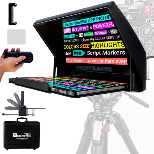 TELEPROMPTER PAD iLight PRO 14'' iPad 12.9 Tablet Prompter for Apple Android Windows Mac - Kit with Remote Control Hardcase APP, Large Screen Professional Autocue Multicam Beamsplitter Glass Made in EU