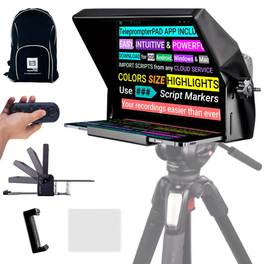 TELEPROMPTER PAD iLight Pro 12'' iPad Tablet iPhone Smartphone - Kit con Mando, Mochila y App Teleprompter Apple Android Windows Mac, Prompter Profesional Resistente Cristal Beamsplitter - Made in EU