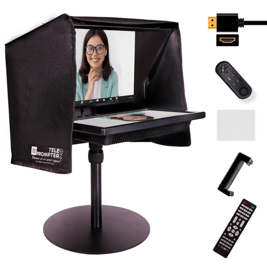 TELEPROMPTER PAD EyeMeeting Desktop - Dispositivo per videoconferenza con suggeritore e contatto visivo perfetto per videochiamate per riunioni online Zoom Skype Hangout con monitor da 10,1&#39;&#39;, telecomando e monopiede ad altezza regolabile